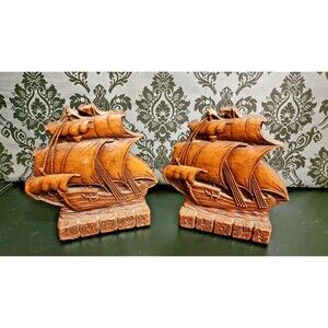 Vintage RARE find MCM  Sailing Ship Wood Made in USA Nautical  Bookends